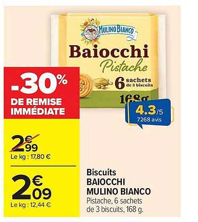 Biscuits BAIOCCHI MULINO BIANCO Pistache, 6 sachets de 3 biscuits, 168 g.