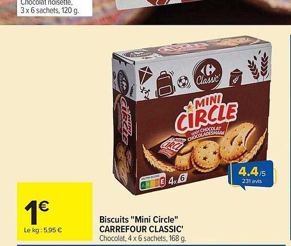Biscuits "Mini Circle" CARREFOUR CLASSIC' Chocolat, 4 x 6 sachets, 168 g.