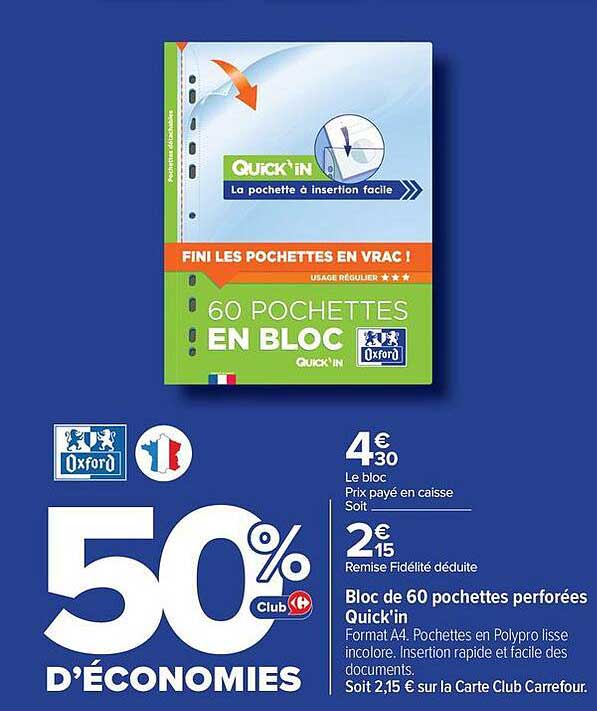 Bloc de 60 pochettes perforées Quick'in