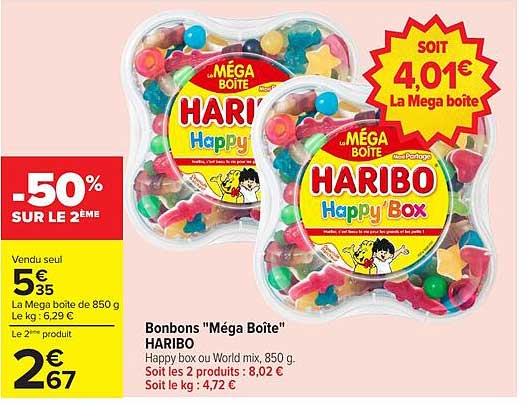 Bonbons “Méga Boîte” HARIBO Happy box ou World mix, 850 g. Soit les 2 produits : 8,02 € Soit le kg : 4,72 €