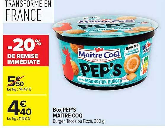 Box PEP'S MAÎTRE COQ Burger, Tacos ou Pizza, 380 g.