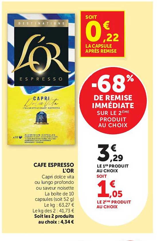 CAFE ESPRESSO L'OR Capri dolce vita ou lungo profondo ou saveur noisette La boite de 10 capsules (soit 52 g)
