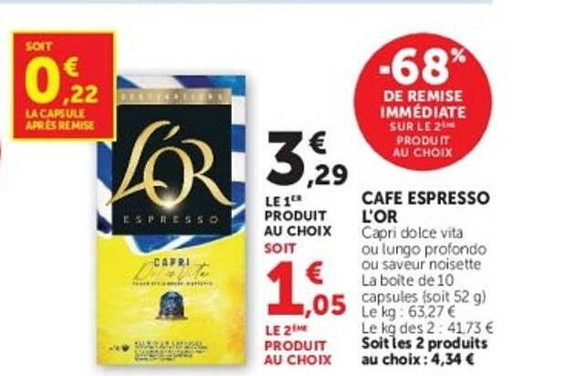 CAFÉ ESPRESSO L'OR Capri dolce vita ou lungo profondo ou saveur noisette