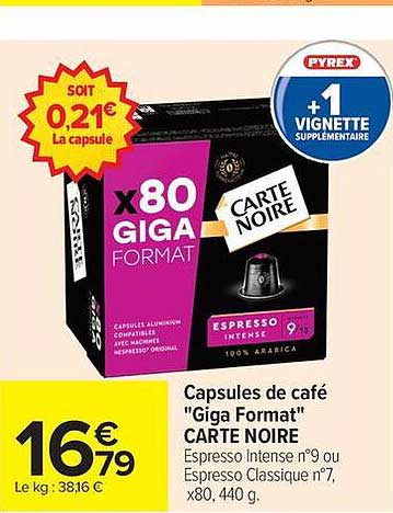 Capsules de café “Giga Format” CARTE NOIRE Espresso Intense n°9 ou Espresso Classique n°7, x80, 440 g.