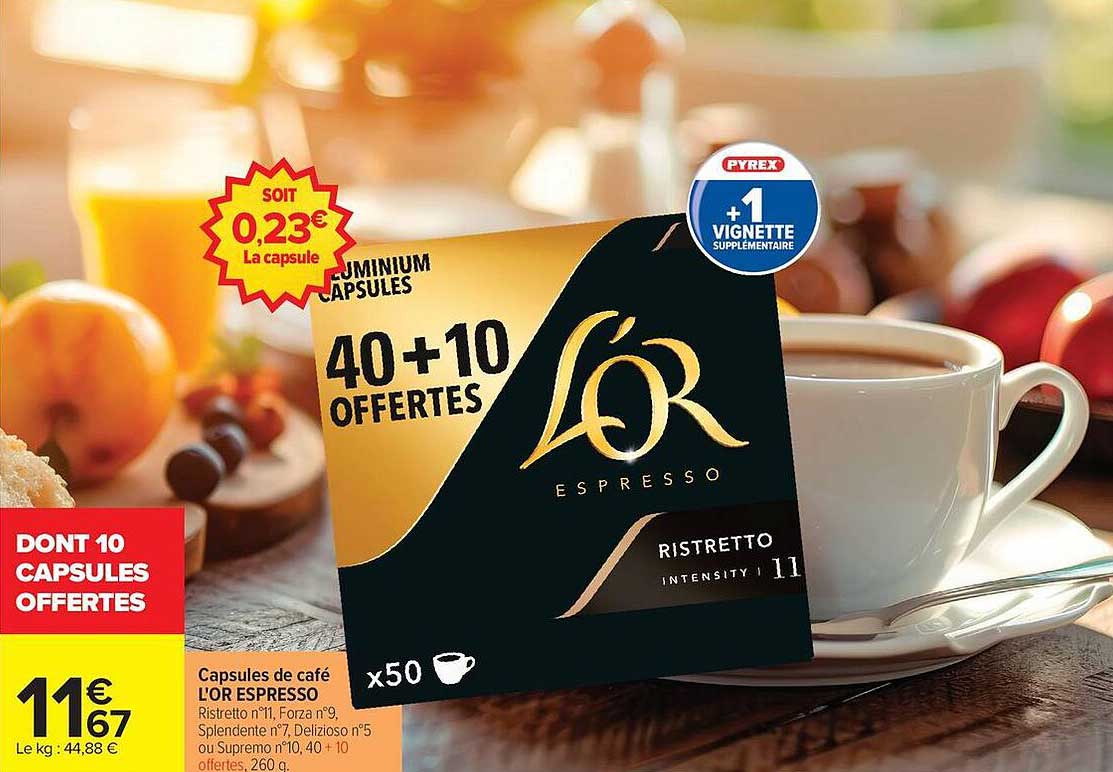 Capsules de café L’OR ESPRESSO Ristretto n°11, Forza n°9, Splendente n°7, Delizioso n°5 ou Supremo n°10, 40 + 10 offertes, 260 g