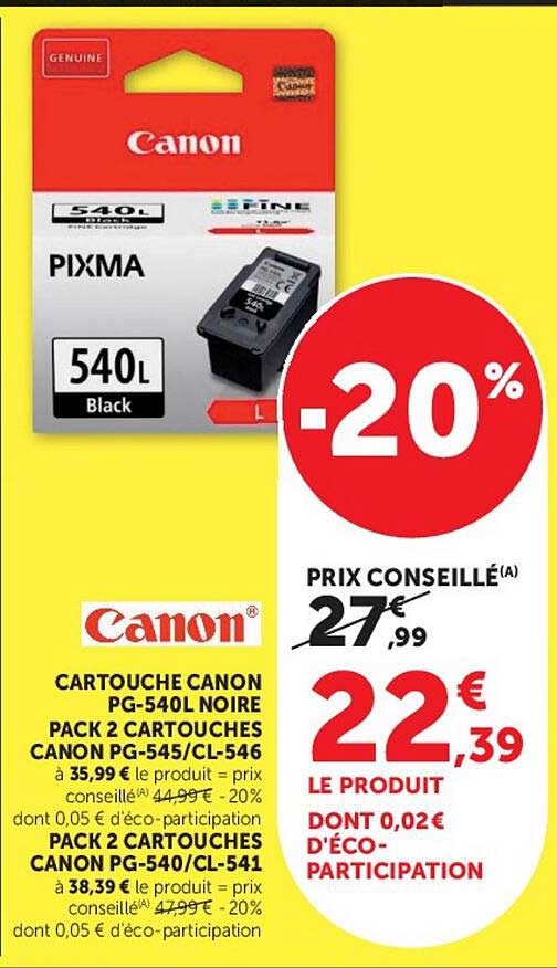 CARTOUCHE CANON PG-540L NOIRE PACK 2 CARTOUCHES CANON PG-545/CL-546
