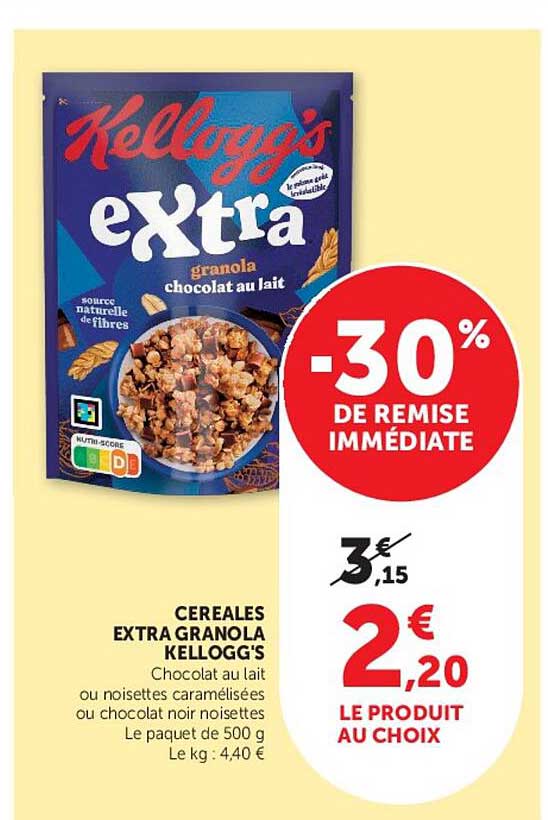CEREALES EXTRA GRANOLA KELLOGG'S Chocolat au lait ou noisettes caramélisées ou chocolat noir noisettes