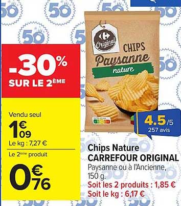 Chips Nature CARREFOUR ORIGINAL Paysanne ou à l'Ancienne, 150 g.