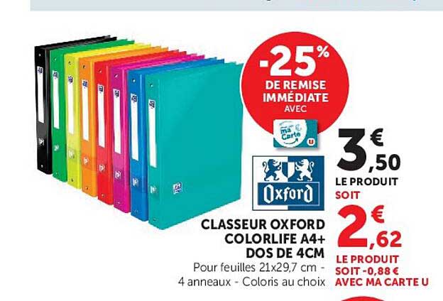 CLASSEUR OXFORD COLORLIFE A4+ DOS DE 4CM