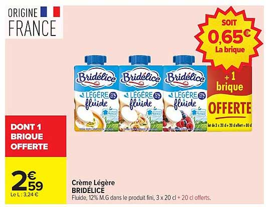 Crème Légère BRIDÉLICE Fluide, 12% M.G dans le produit fini, 3 x 20 cl + 20 cl offerts.