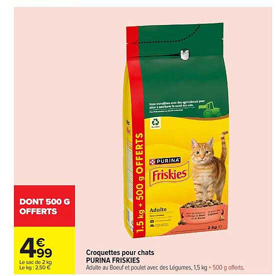 Croquettes pour chats PURINA FRISKIES Adulte au Boeuf et poulet avec des Légumes, 1,5 kg + 500 g offerts.