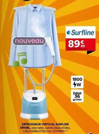Défroisseur vertical Surfline DRB8L, avec table, coloris blanc et bleu, L33,2 H136,5 P32,1 cm, CO179510