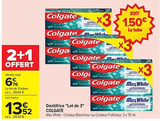 Dentifrice "Lot de 3" COLGATE Max White : Cristaux Blancheur ou Cristaux Fraîcheur, 3 x 75 ml.
