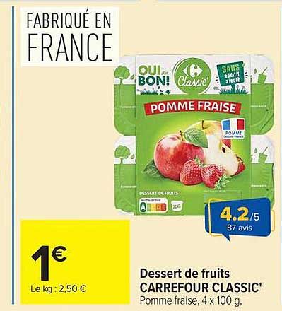 Dessert de fruits CARREFOUR CLASSIC' Pomme fraise, 4 x 100 g.