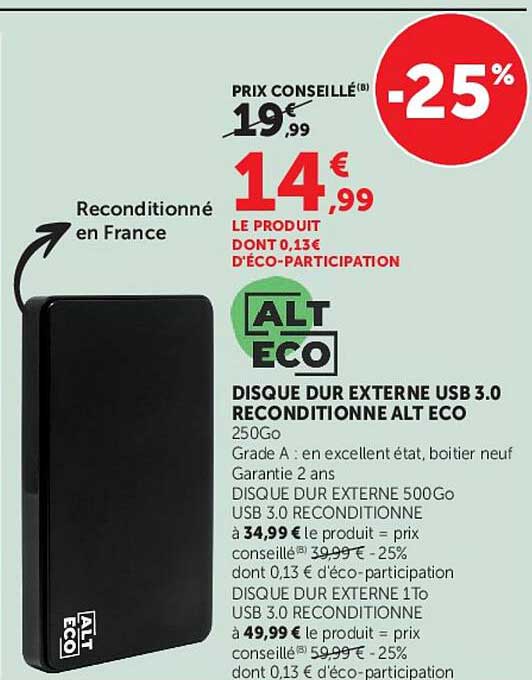 DISQUE DUR EXTERNE USB 3.0 RECONDITIONNÉ ALT ECO