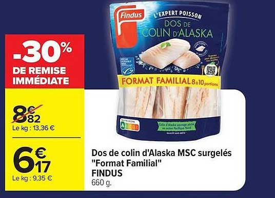 Dos de colin d'Alaska MSC surgelés "Format Familial" FINDUS 660 g.