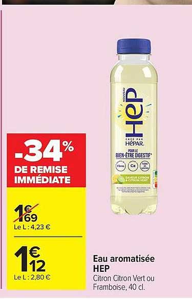 Eau aromatisée HEP Citron Citron Vert ou Framboise, 40 cl.
