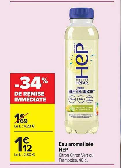 Eau aromatisée HEP Citron Citron Vert ou Framboise, 40 cl.