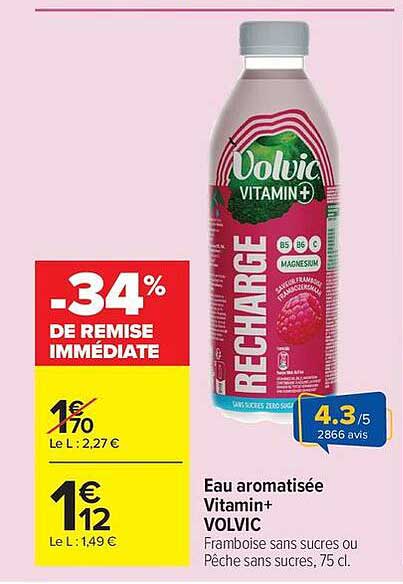 Eau aromatisée Vitamin+ VOLVIC Framboise sans sucres ou Pêche sans sucres, 75 cl.