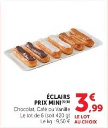 ÉCLAIRS PRIX MINI(4/8) Chocolat, Café ou Vanille Le lot de 6 (soit 420 g)