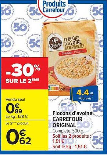 Flocons d'avoine CARREFOUR ORIGINAL Complète, 500 g.