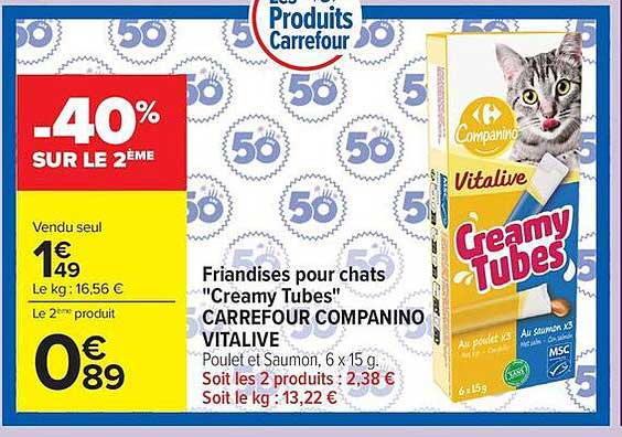 Friandises pour chats "Creamy Tubes" CARREFOUR COMPANINO VITALIVE