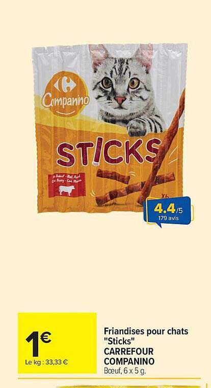 Friandises pour chats "Sticks" CARREFOUR COMPANINO Boeuf, 6 x 5 g.
