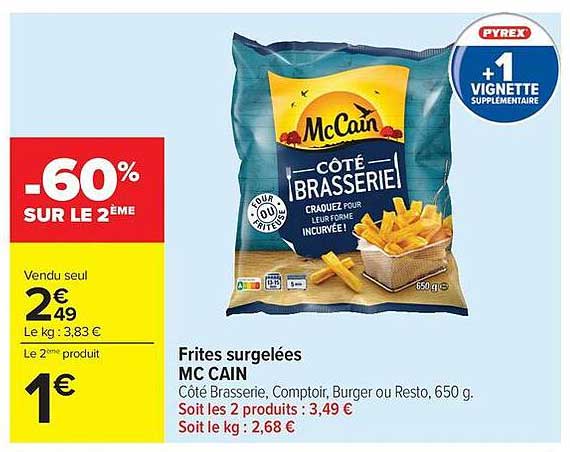 Frites surgelées MC CAIN Côté Brasserie, Comptoir, Burger ou Resto, 650 g.