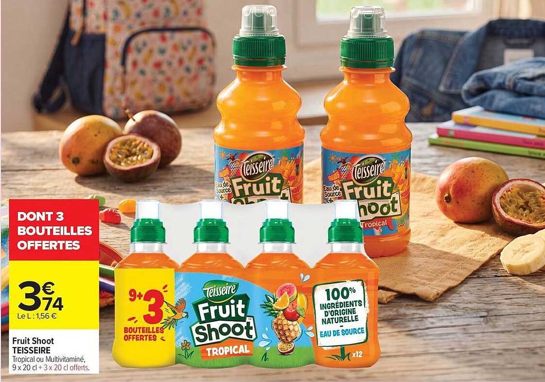 Fruit Shoot TEISSEIRE Tropical ou Multivitaminé, 9 x 20 cl + 3 x 20 cl offerts.
