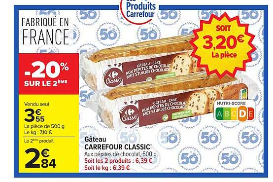 Gâteau CARREFOUR CLASSIC' Aux pépites de chocolat, 500 g