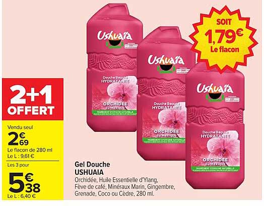 Gel Douche USHUAIA Orchidee, Huile Essentielle d'Ylang, Fleur de Vanille, Miel, Minéraux Marins, Gingembre, Grenade, Coco ou Cèdre, 280 ml.