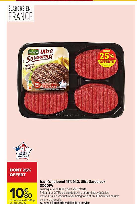 hachés au boeuf 15% M.G. Ultra Savoureux SOCOPA