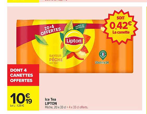 Ice Tea LIPTON Pêche, 20 x 33 cl + 4 x 33 cl offerts.