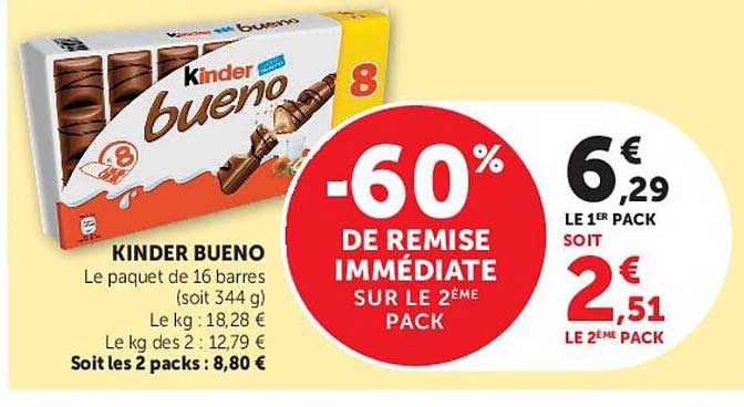 KINDER BUENO Le paquet de 16 barres (soit 344 g)