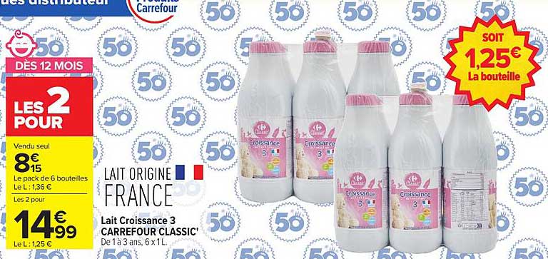 Lait Croissance 3 CARREFOUR CLASSIC' De 1 à 3 ans, 6 x 1L