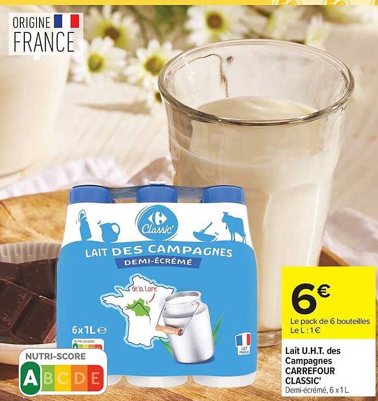 Lait U.H.T. des Campagnes CARREFOUR CLASSIC’ Demi-écrémé, 6 x 1 L.