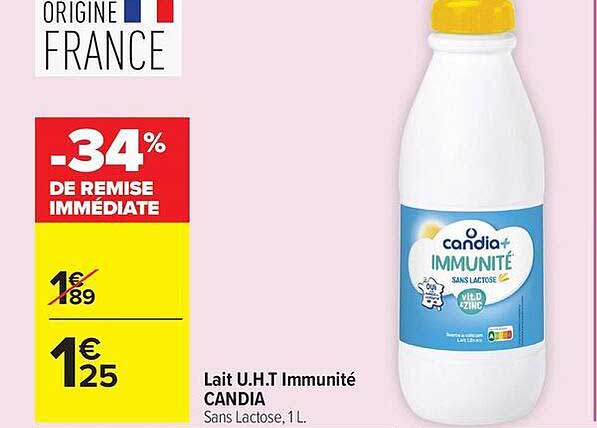 Lait U.H.T. Immunité CANDIA Sans Lactose, 1L.