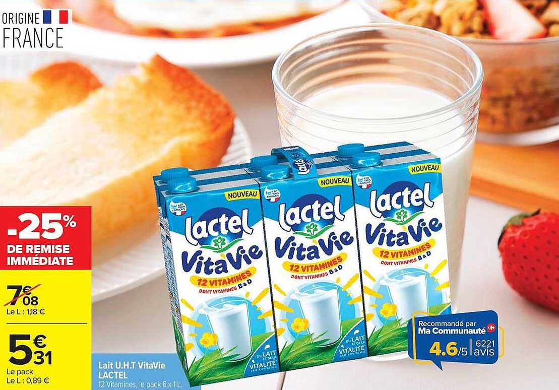Lait U.H.T VitaVie LACTEL 12 VITAMINES, le pack 6 x 1L