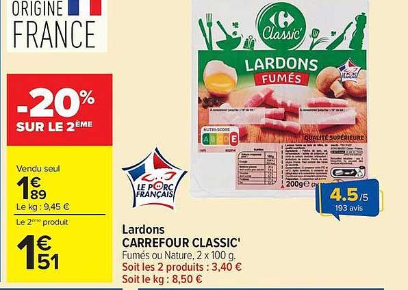 Lardons CARREFOUR CLASSIC' Fumés ou Nature, 2 x 100 g