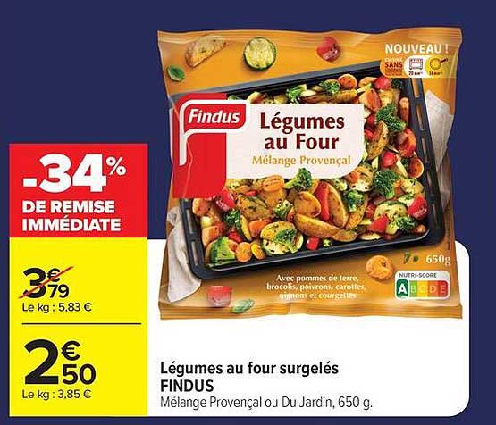 Légumes au four surgelés FINDUS Mélange Provençal ou Du Jardin, 650 g.