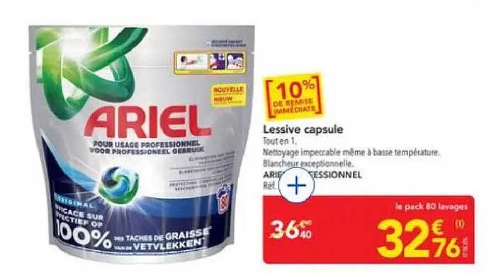 Lessive capsule Tout en 1. Nettoyage impeccable même à basse température. Blancheur exceptionnelle. ARIEL PROFESSIONNEL.