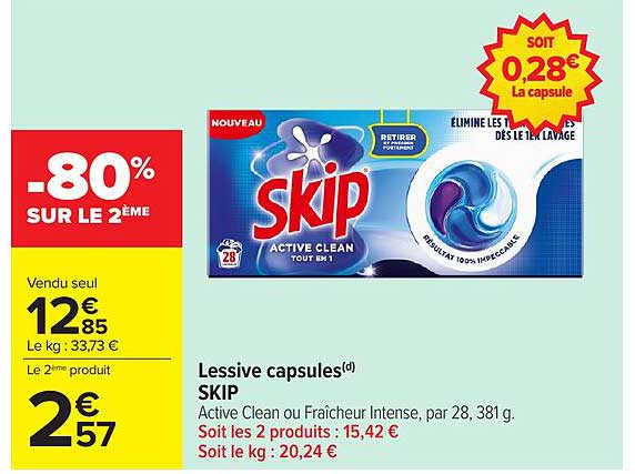 Lessive capsules SKIP Active Clean ou Fraîcheur Intense, par 28, 381 g.