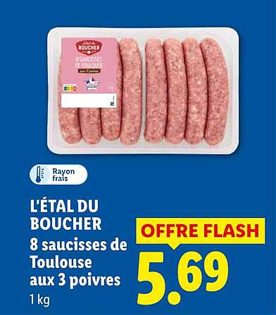L'ÉTAL DU BOUCHER 8 saucisses de Toulouse aux 3 poivres 1 kg