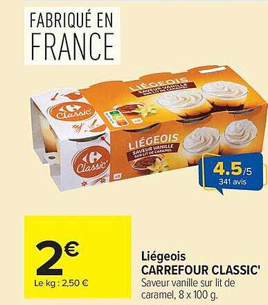 Liégeois CARREFOUR CLASSIC' Saveur vanille sur lit de caramel, 8 x 100 g.