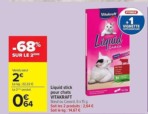 Liquid stick pour chats VITAKRAFT Boeuf ou Canard, 6 x 15 g