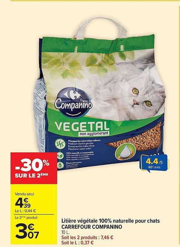 Litière végétale 100% naturelle pour chats CARREFOUR COMPANINO