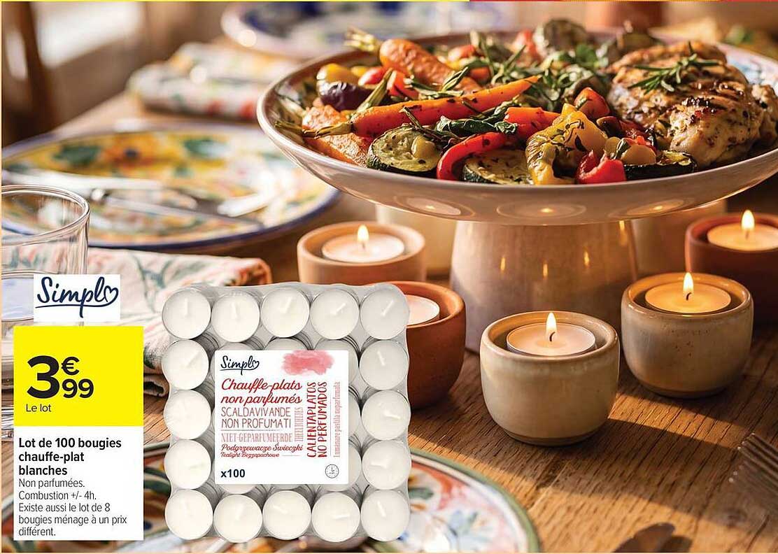 Lot de 100 bougies chauffe-plat blanches