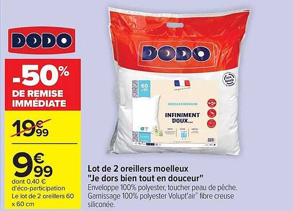 Lot de 2 oreillers moelleux "Je dors bien tout en douceur"