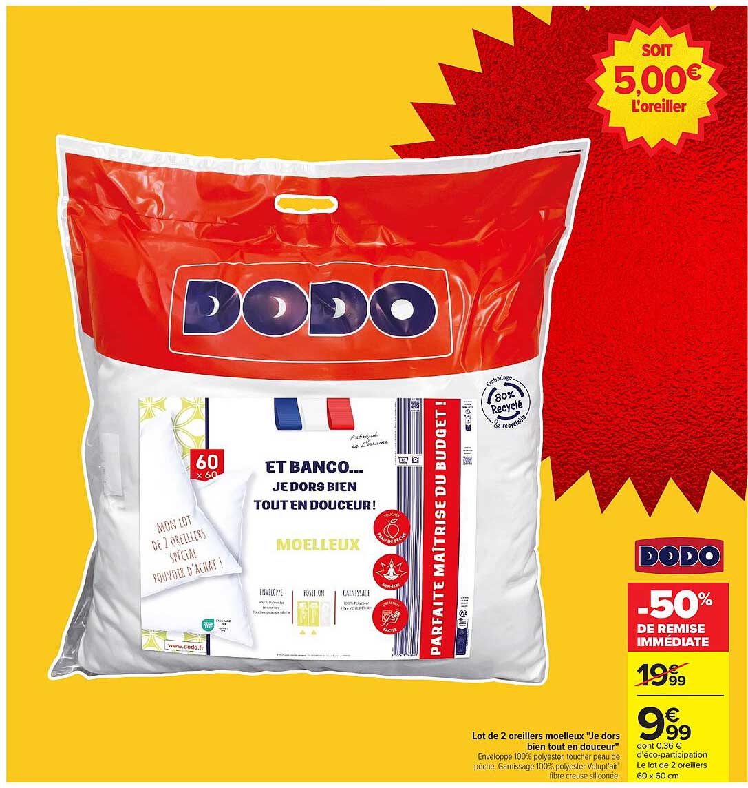 Lot de 2 oreillers moelleux "Je dors bien tout en douceur"