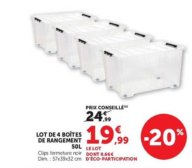 LOT DE 4 BOÎTES DE RANGEMENT 50L